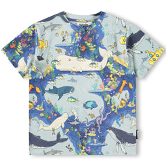 The Riley Tee by Molo, short-sleeve kids T-shirt with colorful underwater print of whales, fish, coral, divers, and sea creatures.