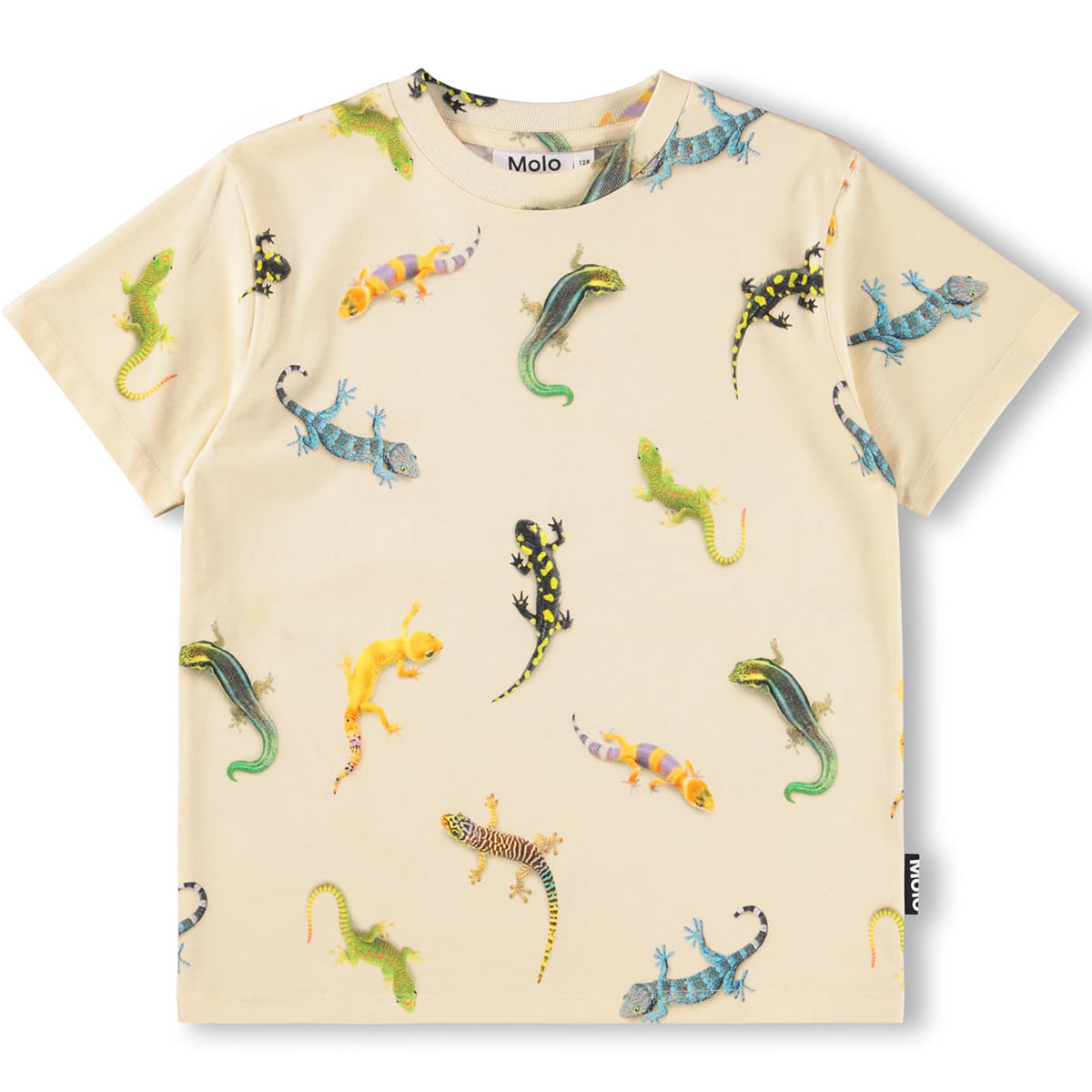 The Riley Tee by Molo, short-sleeve kids T-shirt with all-over colorful lizard print on a light beige background.