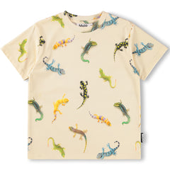 The Riley Tee by Molo, short-sleeve kids T-shirt with all-over colorful lizard print on a light beige background.