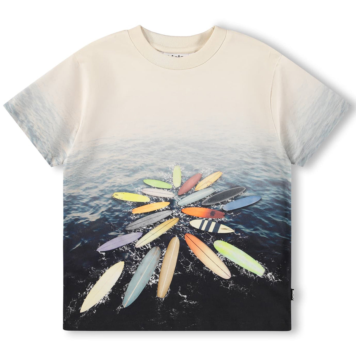 The Riley Tee by Molo, short-sleeve kids T-shirt with colorful surfboards arranged in a circle floating on the ocean.