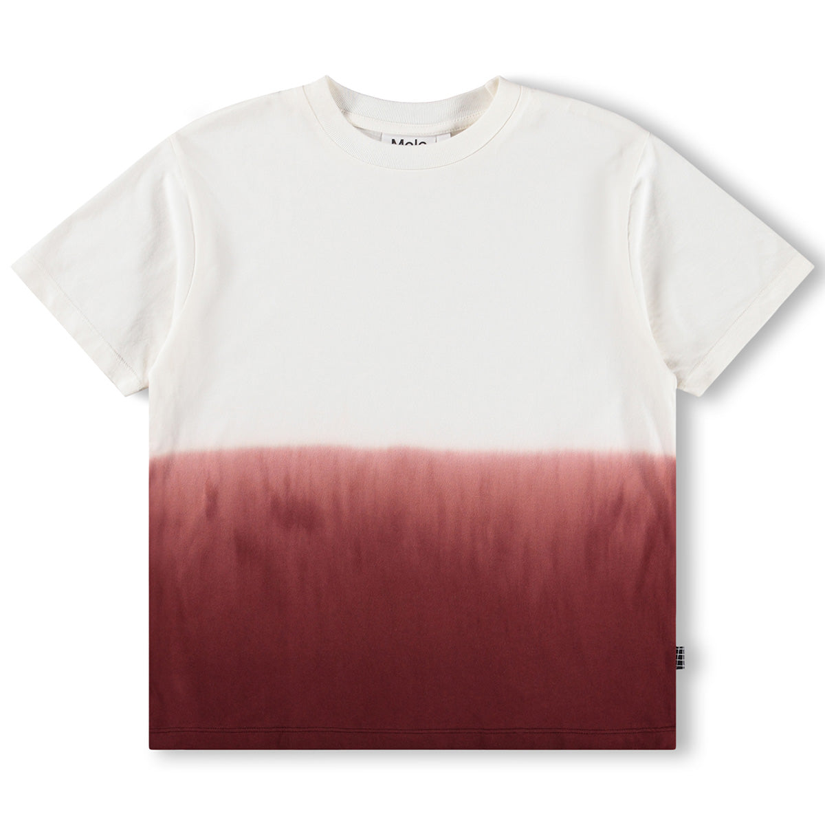 The Rodney Tee from Molo. White T-shirt with short sleeves, ribbed neckline, and a burgundy tie-dye dip at the bottom.
