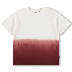 The Rodney Tee from Molo. White T-shirt with short sleeves, ribbed neckline, and a burgundy tie-dye dip at the bottom.