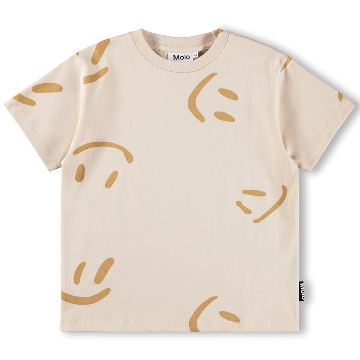 The Riley Tee by Molo, short-sleeve kids T-shirt with all-over abstract smiley face motifs on a light neutral background.