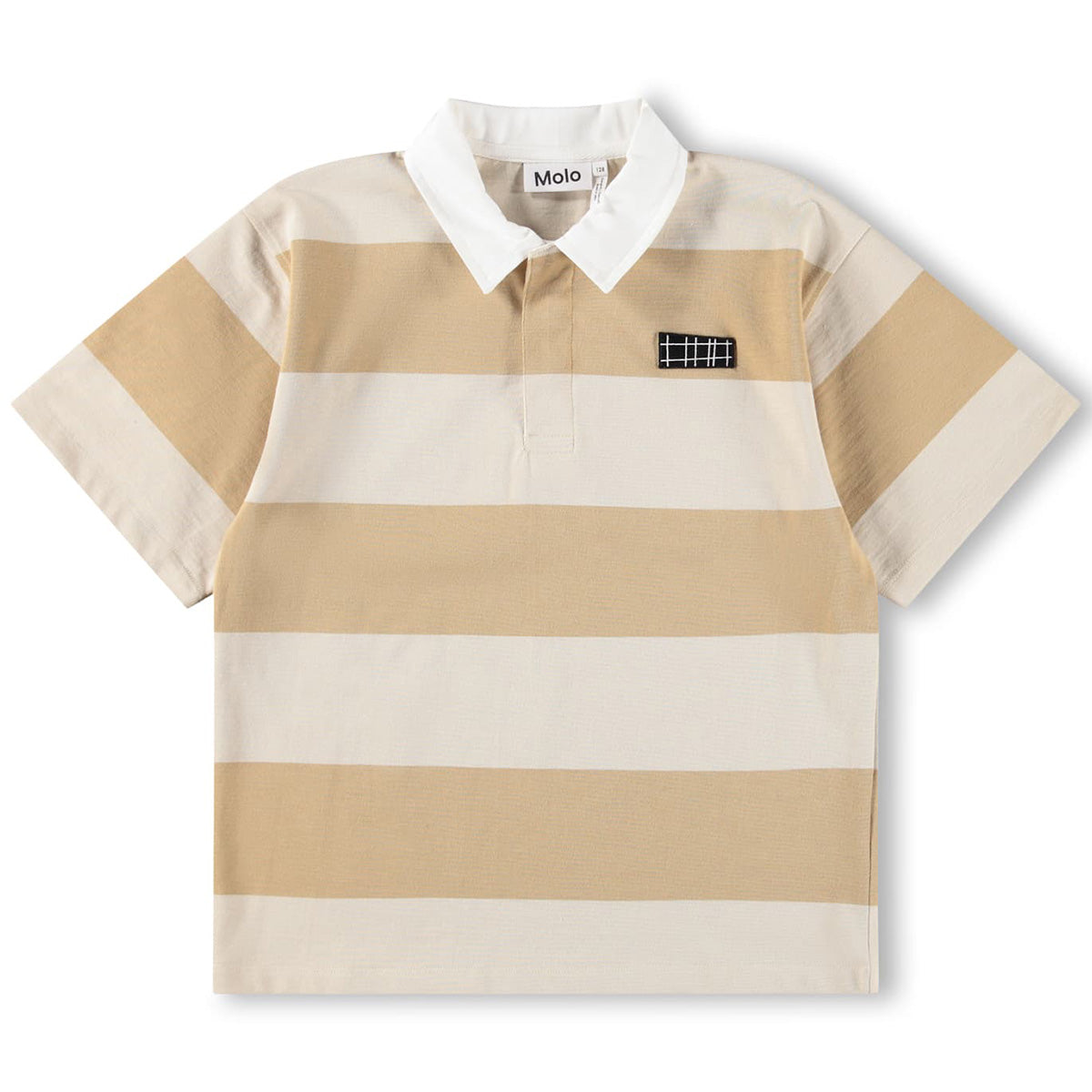 Reef Polo Shirt from Molo with wide beige and cream stripes, short sleeves, white collar, and relaxed summer style