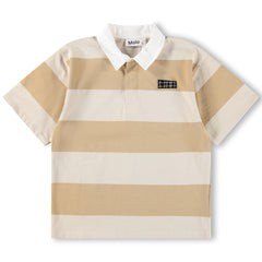 Reef Polo Shirt from Molo with wide beige and cream stripes, short sleeves, white collar, and relaxed summer style