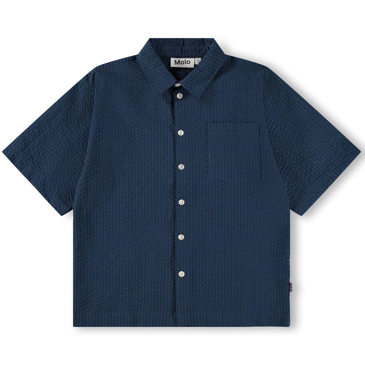 The Richie Shirt by Molo, short-sleeve navy button-up shirt with textured fabric, classic collar, front buttons, and chest pocket.