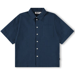The Richie Shirt by Molo, short-sleeve navy button-up shirt with textured fabric, classic collar, front buttons, and chest pocket.