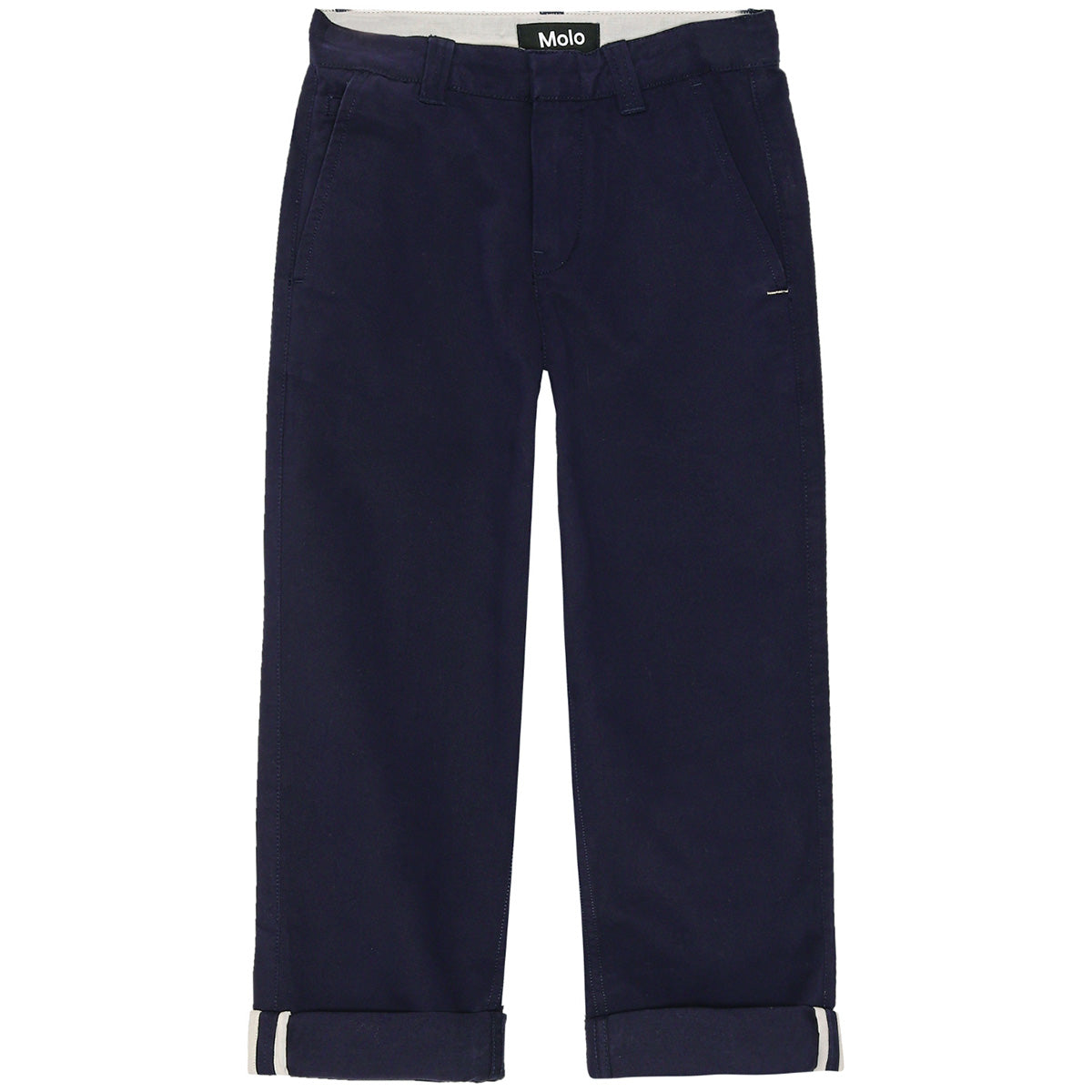 Ace Pants from Molo. Dark blue cotton chinos with side pockets and a logo label in the waistband.