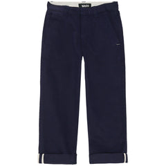 Ace Pants from Molo. Dark blue cotton chinos with side pockets and a logo label in the waistband.