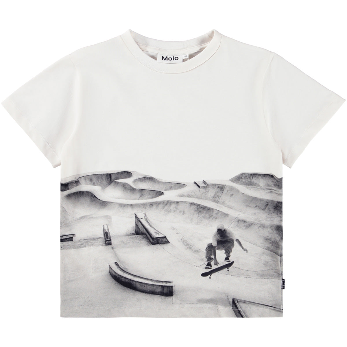 The Riley Tee from Molo. White t-shirt with a black and white graphic design of a skateboarder on a white background.