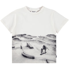 The Riley Tee from Molo. White t-shirt with a black and white graphic design of a skateboarder on a white background.