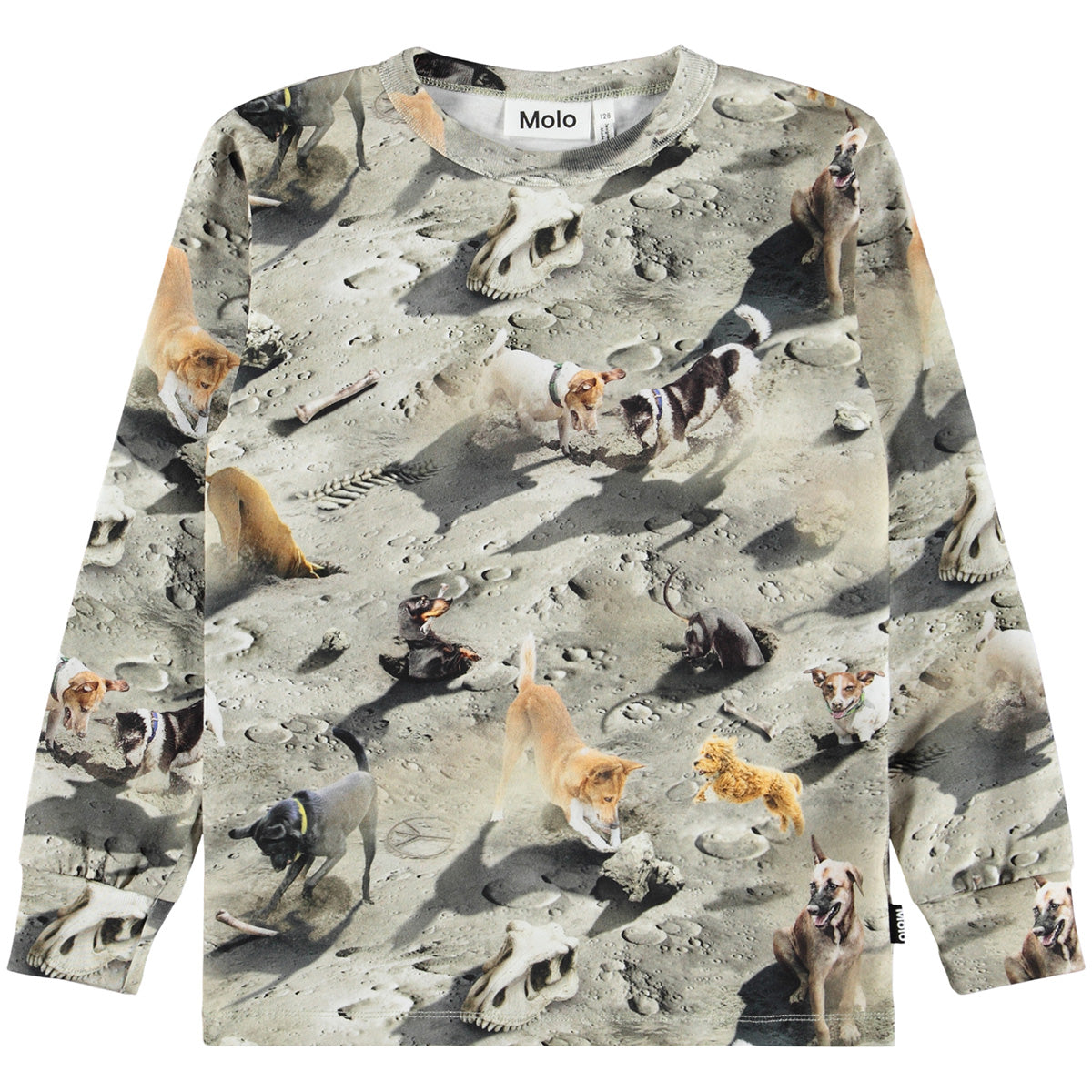 The Rill Long Sleeve Top from Molo. Long-sleeve top featuring an all-over playful dog print on a moon-like surface.