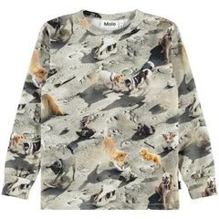 The Rill Long Sleeve Top from Molo. Long-sleeve top featuring an all-over playful dog print on a moon-like surface.
