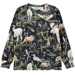 A long-sleeve sweatshirt with a playful woodland animal print on a dark navy background.
