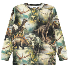 Rill Tee by Molo dinosaur print kids sweatshirt with T-Rex, Stegosaurus, Brachiosaurus and pterosaurs