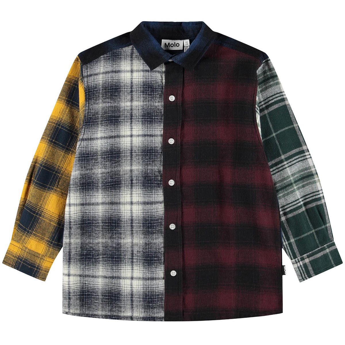 The Remon Shirt from Molo kids plaid button-up shirt with multicolor patchwork check pattern.