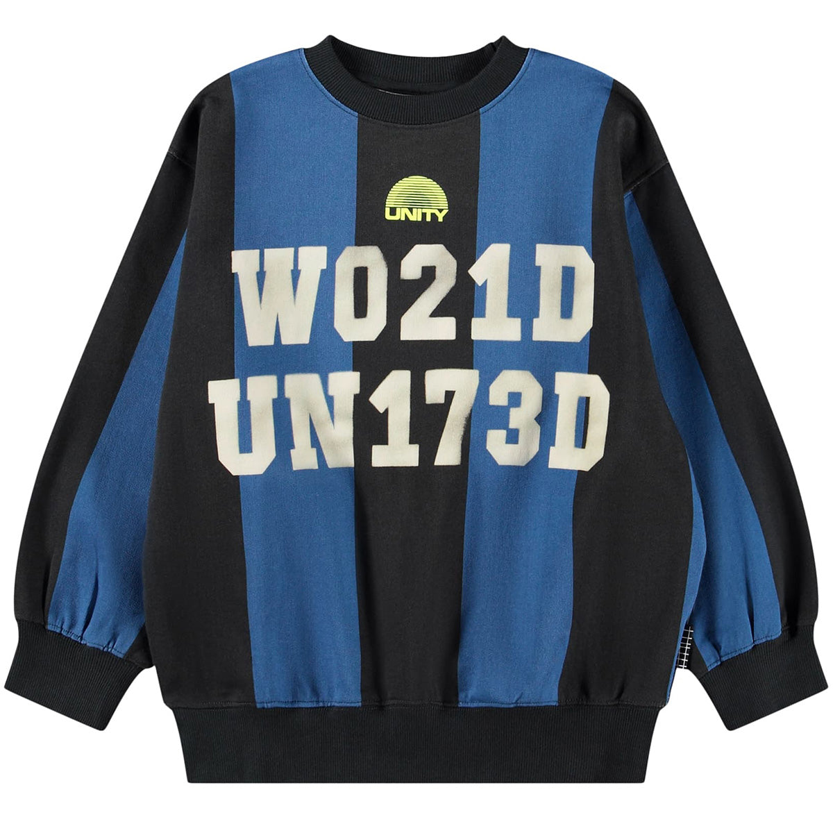 The Monti Sweatshirt from Molo in blue and black stripes with varsity graphic print kids sweatshirt.