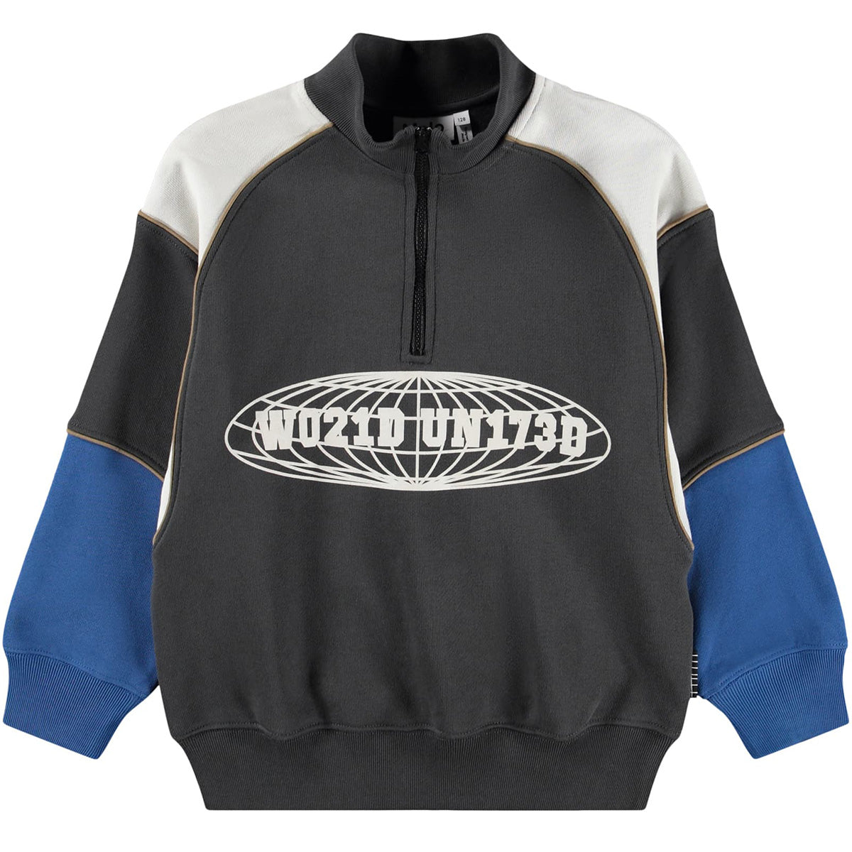 Marty Zipped Sweatshirt from Molo in dark grey with blue color-block sleeves, quarter zip and graphic print.