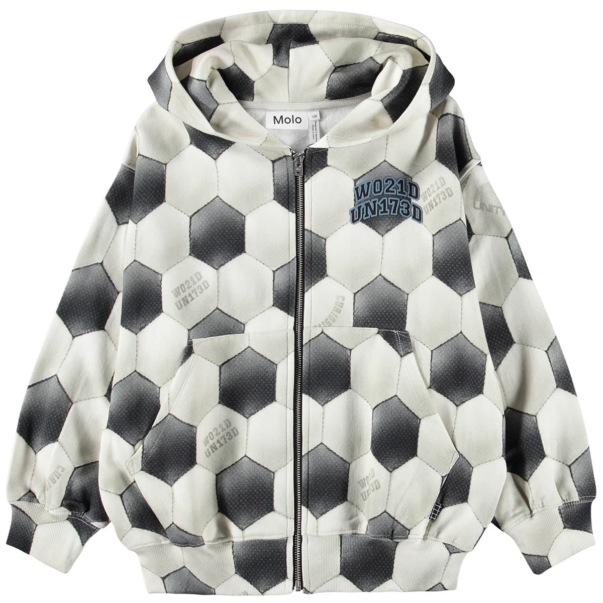 The Mazz Hooded Sweatshirt from Molo with soccer ball print, zip front, hood and front pockets.