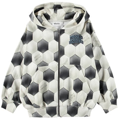 The Mazz Hooded Sweatshirt from Molo with soccer ball print, zip front, hood and front pockets.