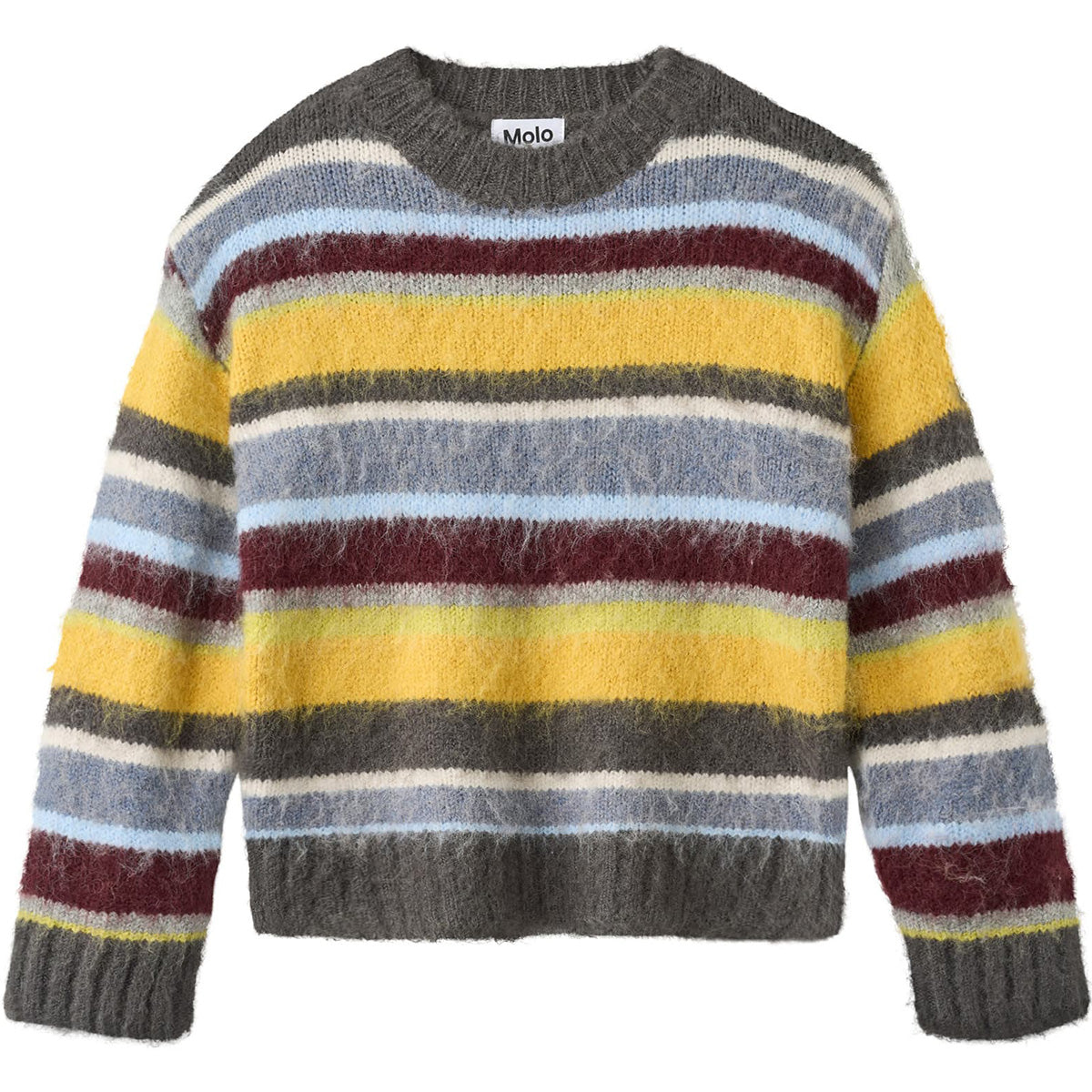 The Brian Sweater from Molo, fuzzy multicolor striped knit sweater with crew neck and ribbed trims.