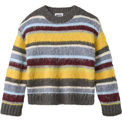The Brian Sweater from Molo, fuzzy multicolor striped knit sweater with crew neck and ribbed trims.