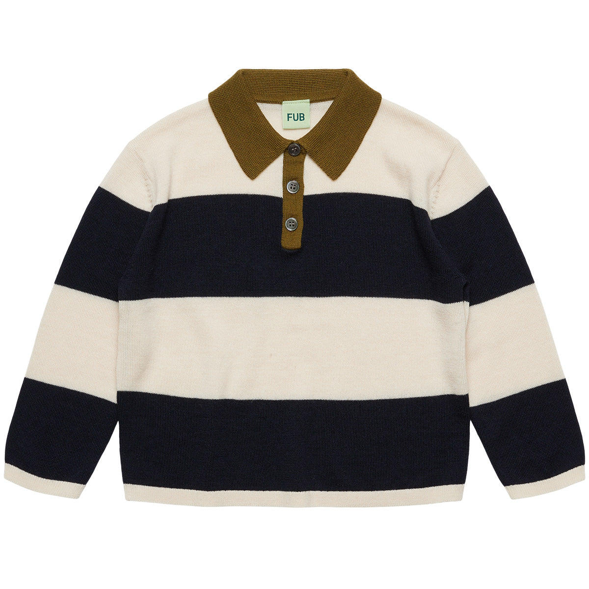 The Striped Polo from FUB featuring a loose fit, wide stripes, a flat collar, and a contrast placket with shell buttons.