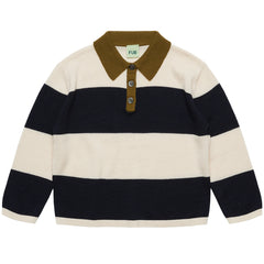 The Striped Polo from FUB featuring a loose fit, wide stripes, a flat collar, and a contrast placket with shell buttons.