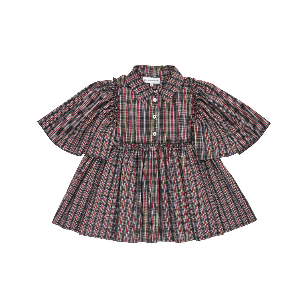 The plaid short-sleeved blouse by designer Christina Rohde, with a classic collar, decorative buttons, ruffled flutter sleeves, and gathered under the bust.