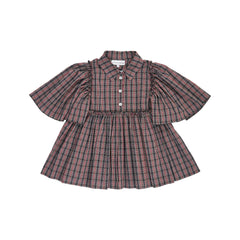 The plaid short-sleeved blouse by designer Christina Rohde, with a classic collar, decorative buttons, ruffled flutter sleeves, and gathered under the bust.