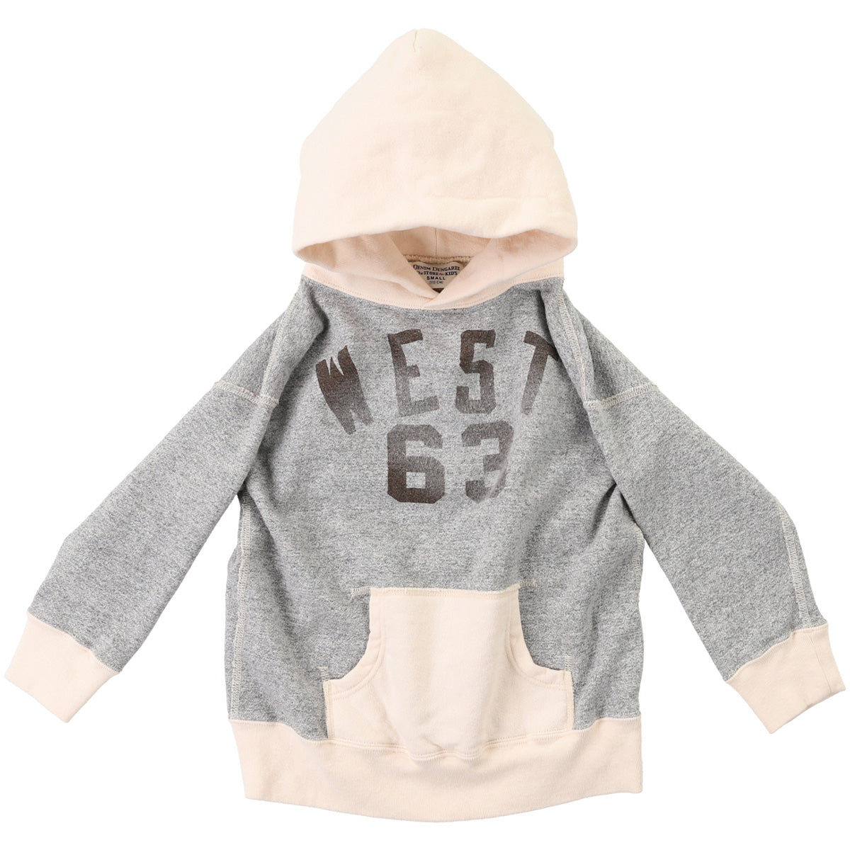 Vintage Fleece West Hoodie from Denim Dungaree. A two-tone hoodie with a beige hood, grey body, and bold "WEST 63" print.