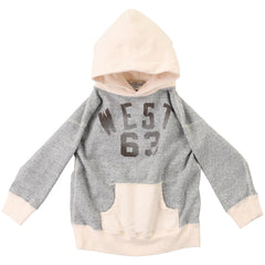 Vintage Fleece West Hoodie from Denim Dungaree. A two-tone hoodie with a beige hood, grey body, and bold "WEST 63" print.