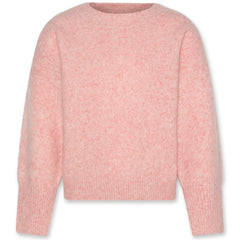 The Brand C Neck Sweater from AO76. Light pink crewneck sweater with a soft, fuzzy texture, long sleeves.
