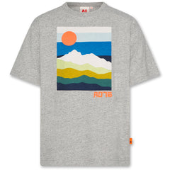 The Silas Tee Landscape from AO76. Soft tee featuring a colorful landscape print with sun and mountains.