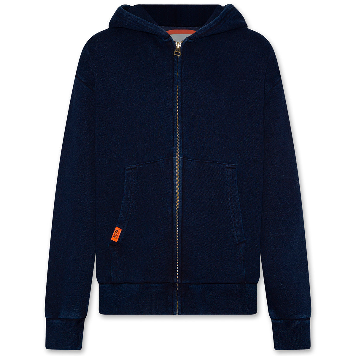 The Eldo Sweater Denim from AO76. Cozy zip-up hoodie with front pockets, ribbed cuffs and hem, hood.