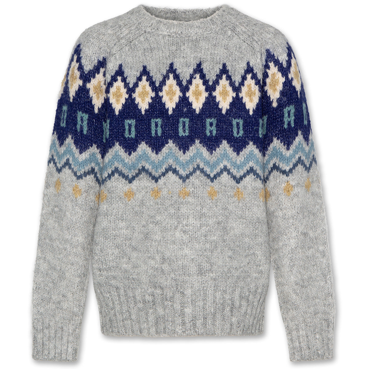 The Onyx C Neck Jacquard Sweater from AO76. Knit sweater featuring an intricate geometric pattern.