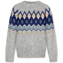 The Onyx C Neck Jacquard Sweater from AO76. Knit sweater featuring an intricate geometric pattern.