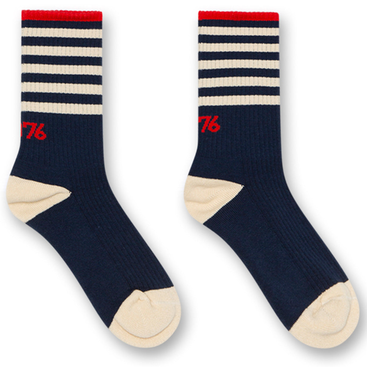 The Billie Socks B from AO76. Ribbed crew socks with contrast heel and toe, bold horizontal stripes at the cuff.