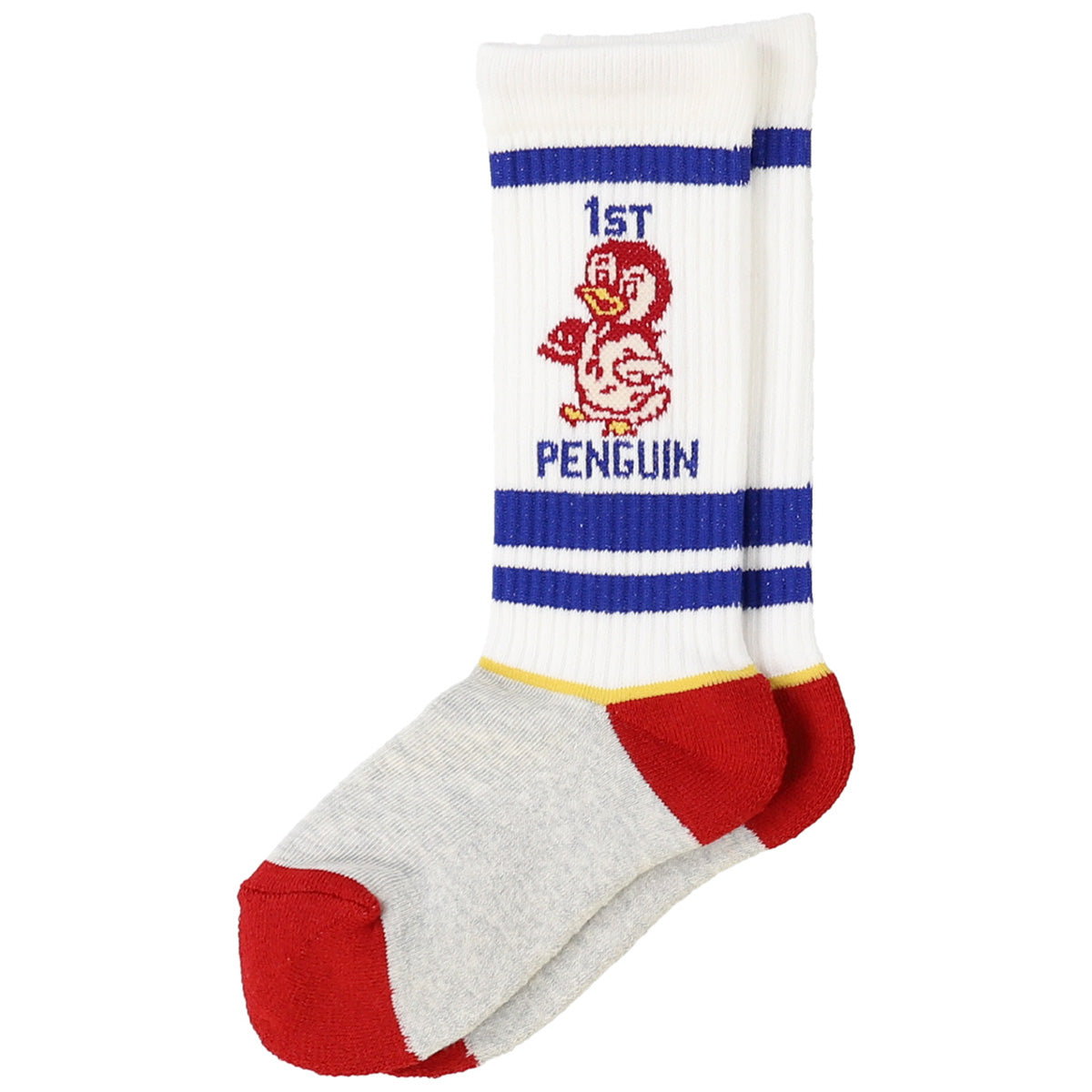 1st Penguin Socks by Denim Dungaree. These are crew socks featuring a “1st Penguin” graphic with a red penguin illustration.