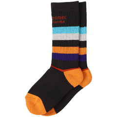 Standard Service Socks by Denim Dungaree. These ribbed socks feature bold multicolor stripes with orange heels and toes.