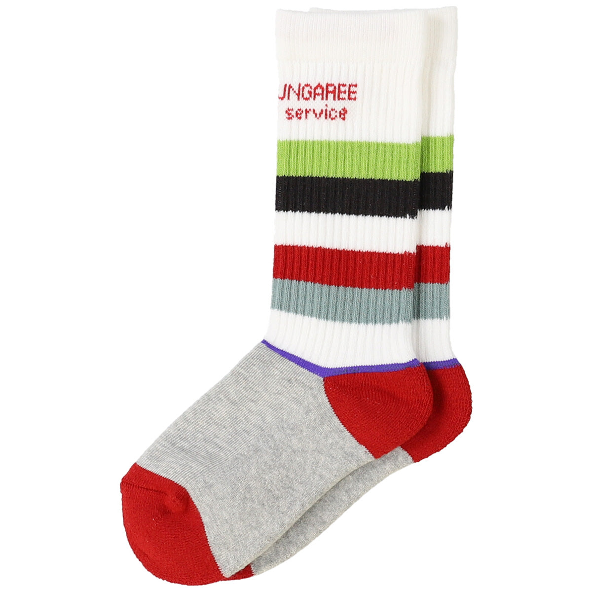 The Standard Service Socks from Denim Dungaree. These ribbed socks feature bold multicolor stripes with red heels and toes.