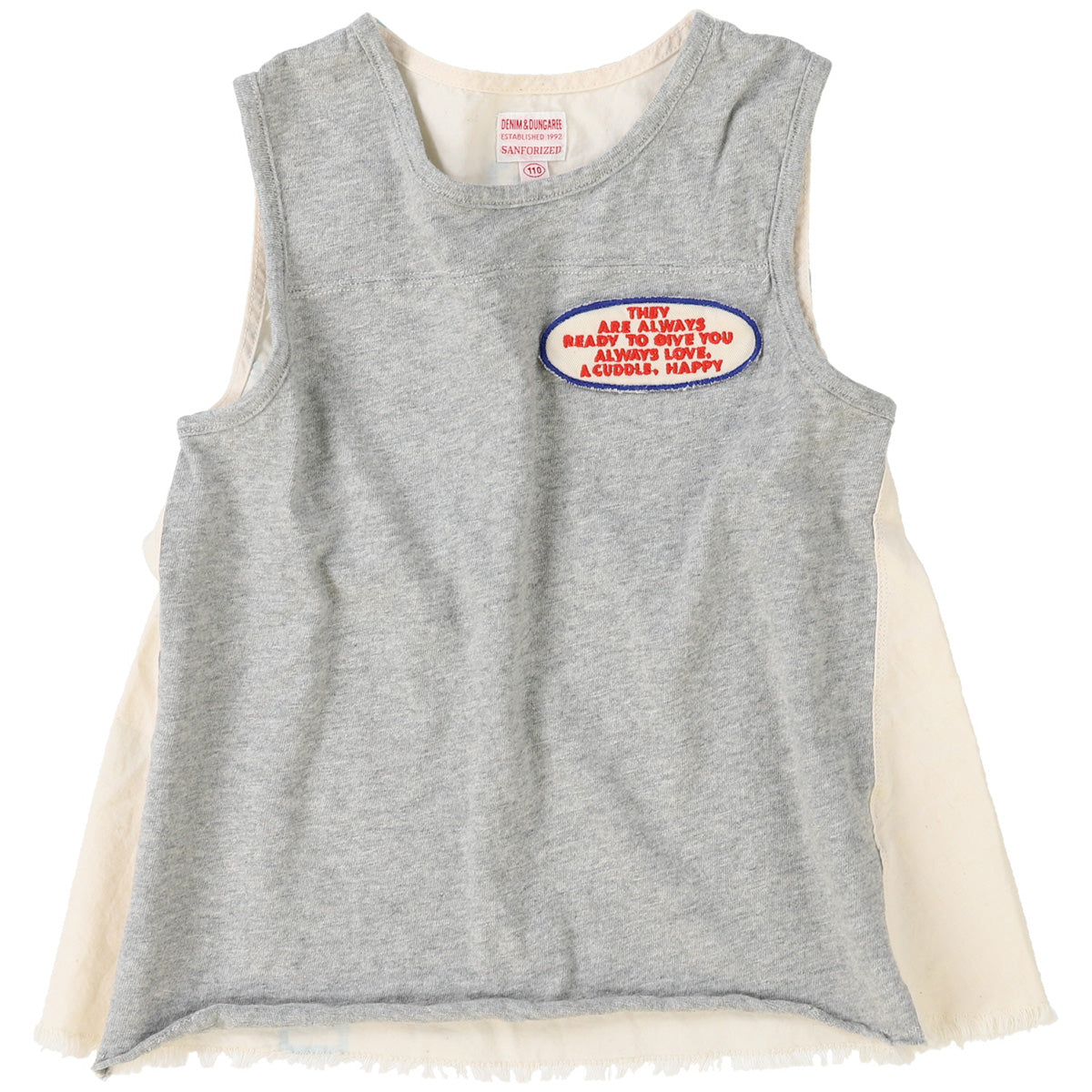 The Cotton Jersey 24 Sleeveless Tee from Denim Dungaree with a layered design with contrast fabric panels.