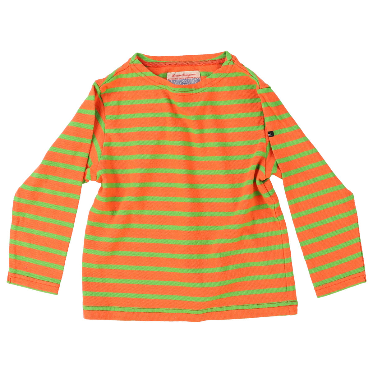 The Striped Boatneck Tee from Denim Dungaree. This is a long-sleeve striped shirt featuring bright orange and green horizontal stripes.
