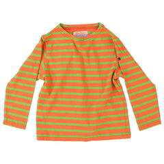 The Striped Boatneck Tee from Denim Dungaree. This is a long-sleeve striped shirt featuring bright orange and green horizontal stripes.