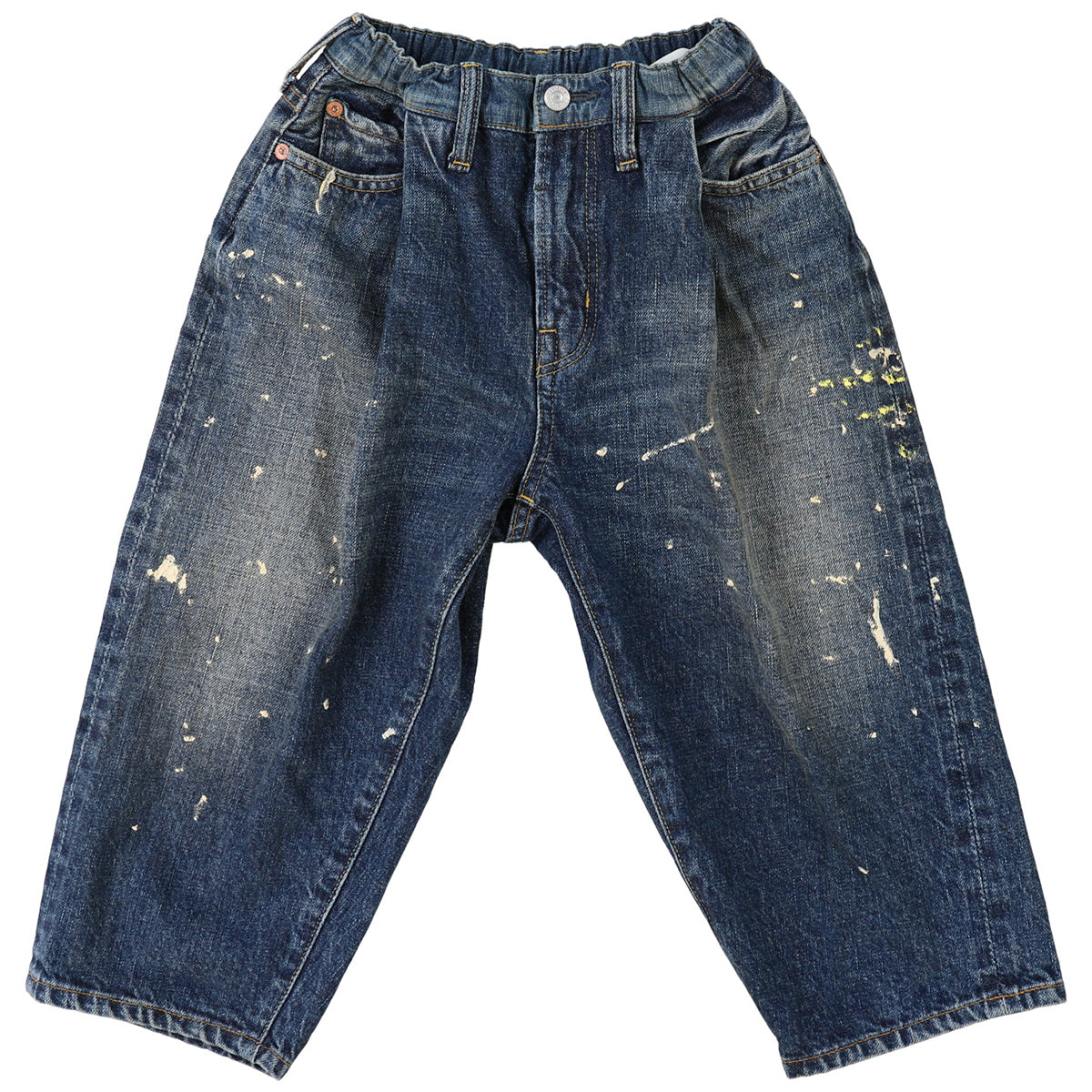 The 12oz Home Made Denim Tucked Pants from Denim Dungaree. Relaxed-fit denim jeans with a vintage wash, paint-splatter details.