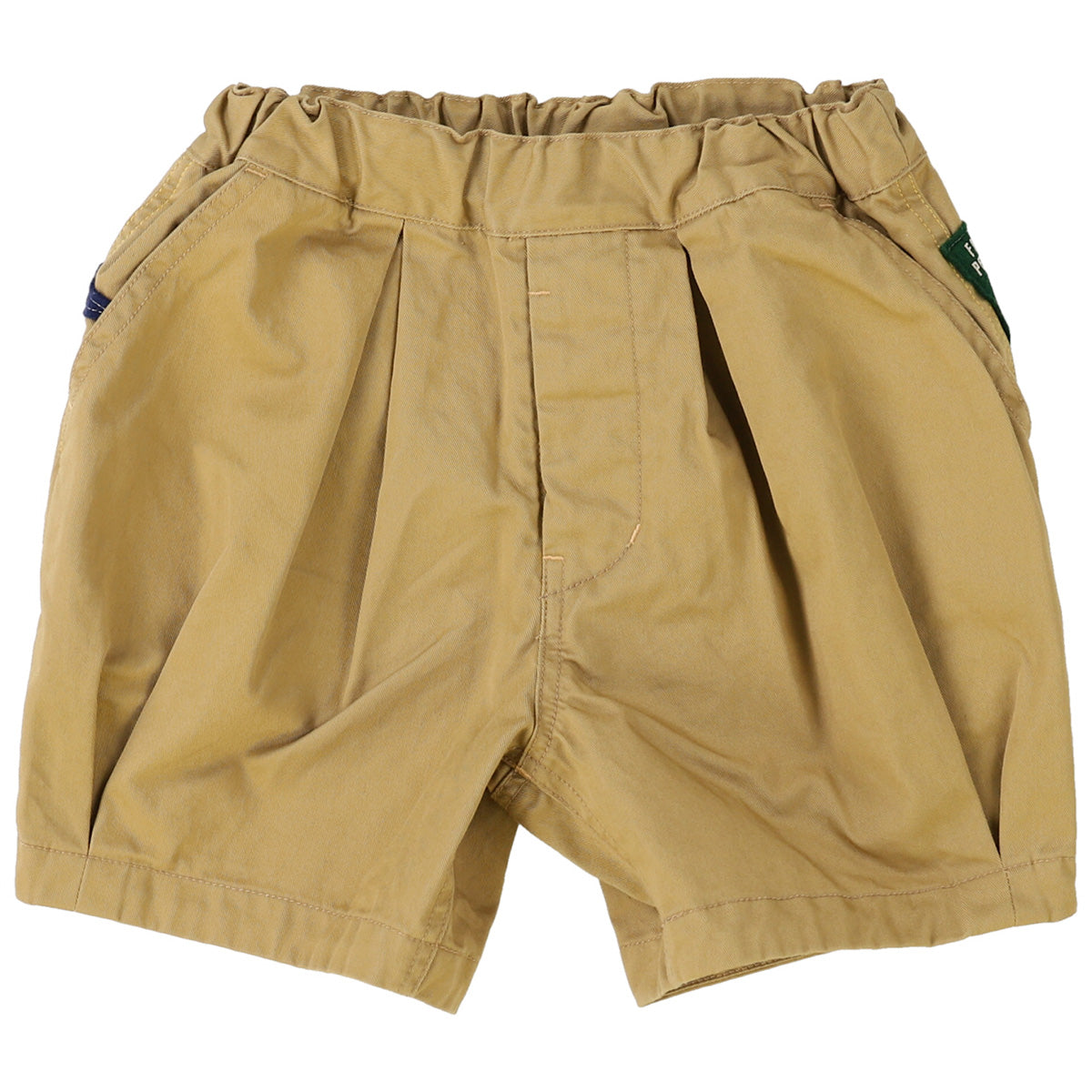 Compact Chino Pennant Shorts by Denim Dungaree. Khaki shorts with front pleats, side pockets, and an elastic waistband.