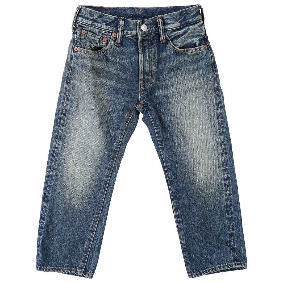 The 12oz Home Made Denim 5 Pocket Pants from Denim Dungaree. Pair of blue jeans on a white background.