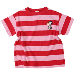 The Wide Striped Snoopy Tee from Denim Dungaree. Red and pink striped t-shirt with a small Snoopy patch.