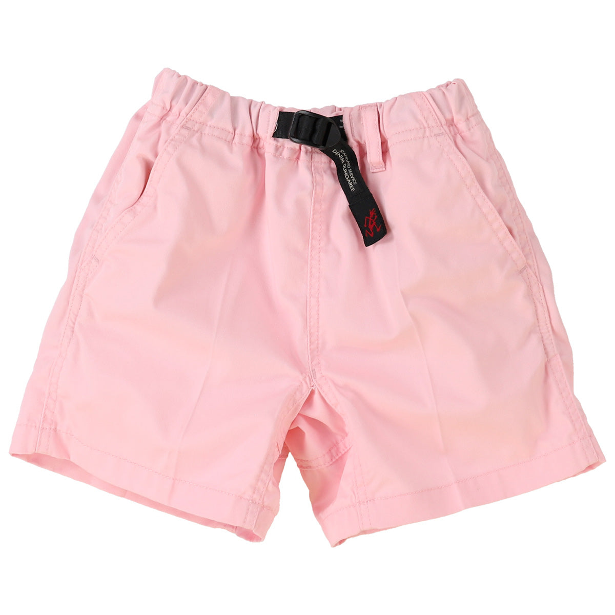 Pec Twill Gramicci Shorts by Denim Dungaree. A pair of light pink shorts with an elastic waistband and an integrated black belt.