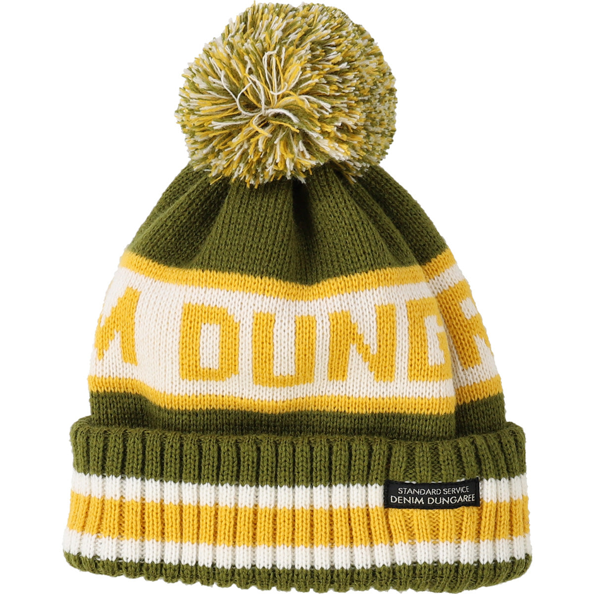 The Logo Knit Cap from Denim Dungaree. Featuring a fluffy pom-pom.